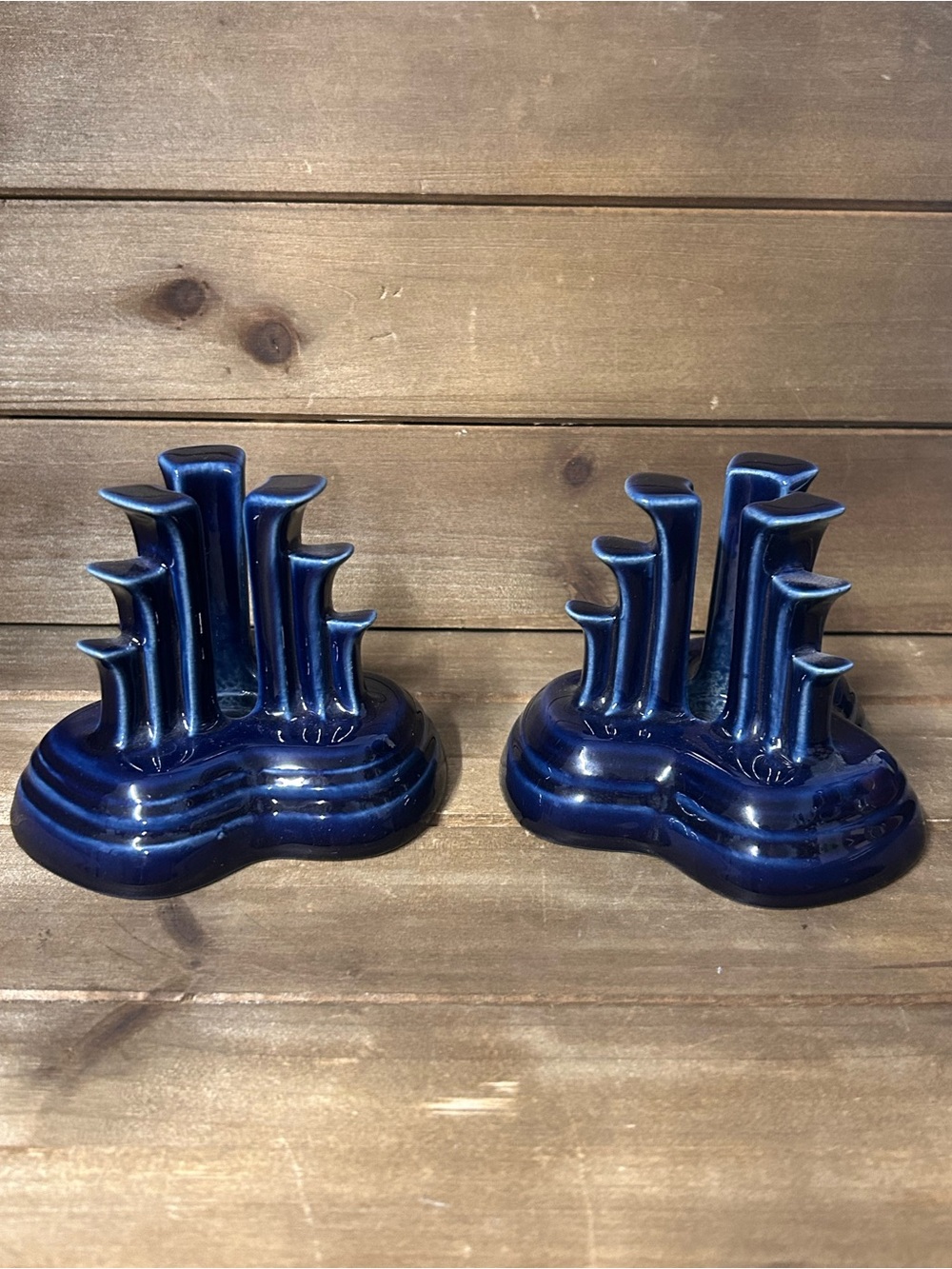 Vintage Fiestaware Cobalt Ceramic Pyramid Candleholders Homer Laughlin Ceramics